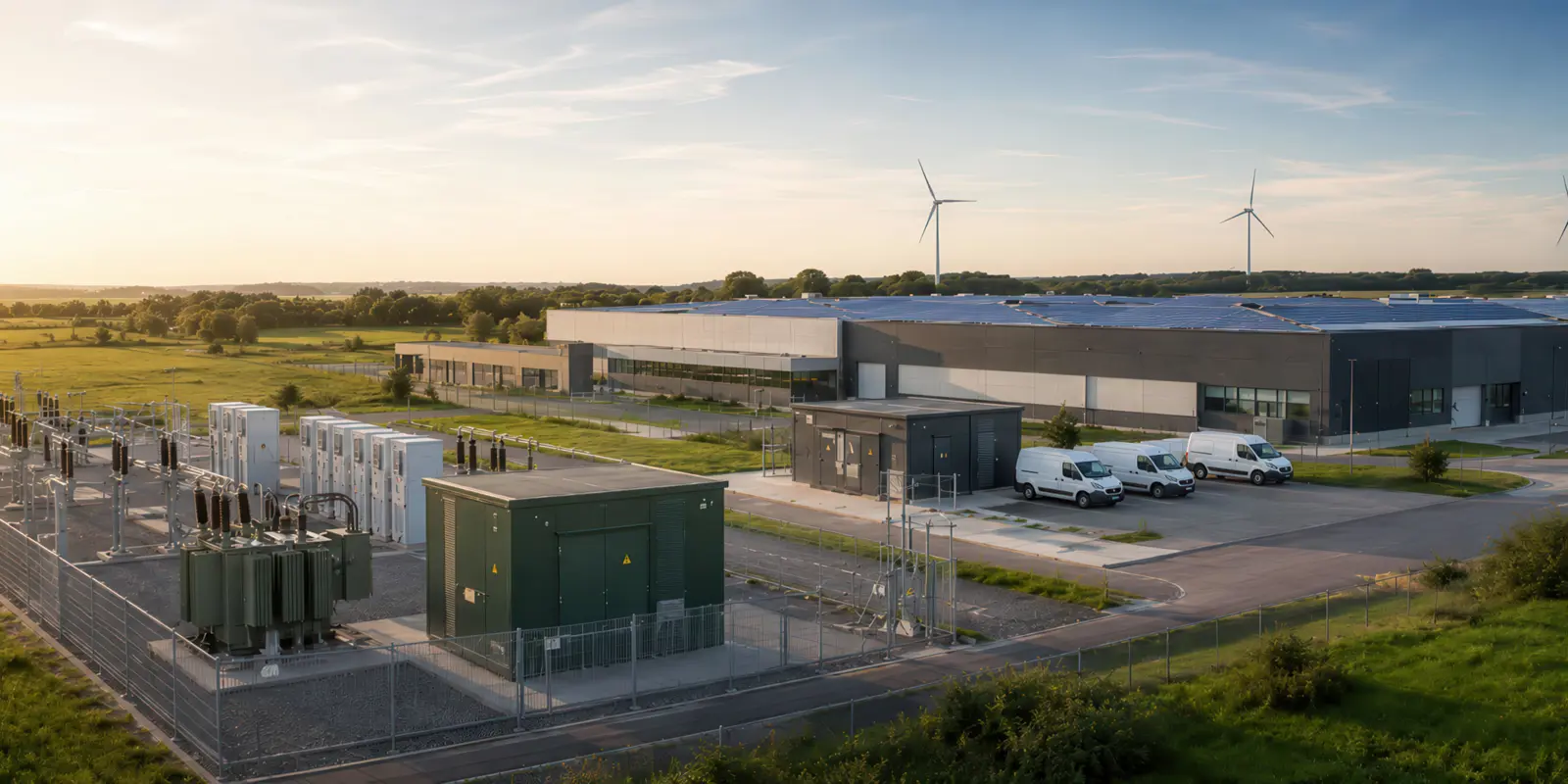 Luftfoto af en stor industribygning i et grønt landskab ved solnedgang. I forgrunden ses et indhegnet teknisk anlæg med transformere og elinstallationer, mens bygningen har solpaneler på taget. Flere hvide varevogne holder parkeret ved siden af bygningen, og i baggrunden står vindmøller på markerne.